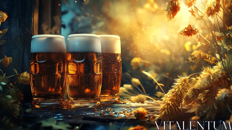 Three beer mugs on rustic table with hops and warm light.