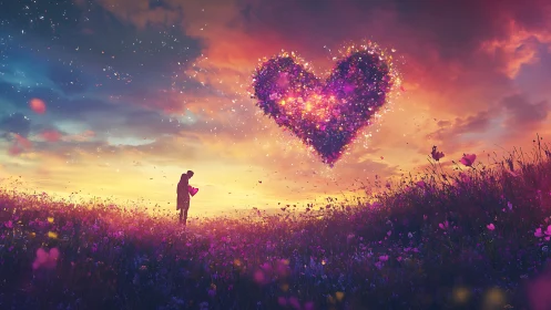 Figure Reaches Toward Glowing Heart in Sunset Field.