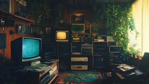 Retro television and audio equipment occupy dense interior wall