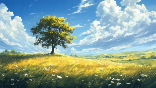 Solitary deciduous tree on grassy hillside under cumulus sky.