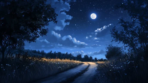 Moonlit country path glows gently beneath a starry sky