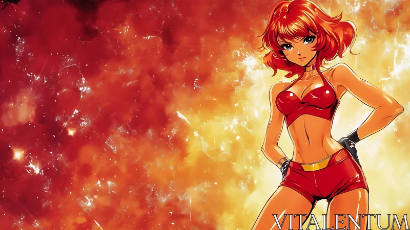 Flame-field heroine in molten neon reds and golds stands proud.