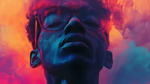 Portrait shows stylized face in neon smoke with closed eyes