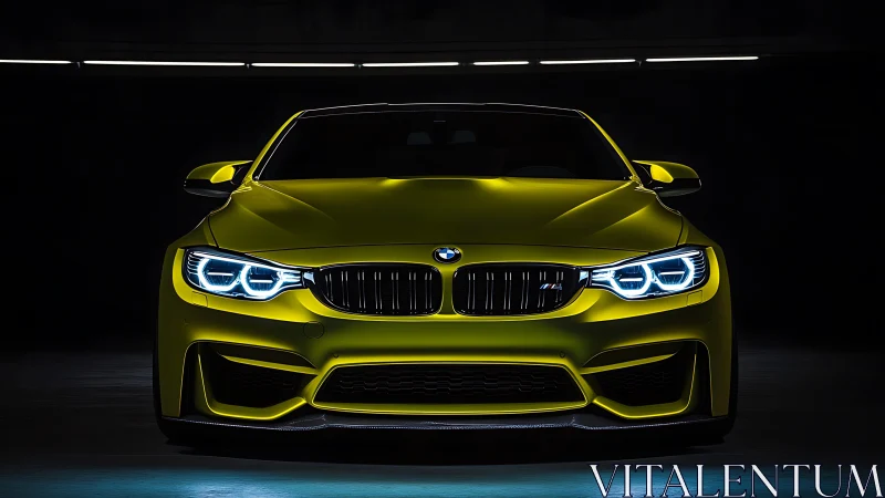 Neon-limned yellow sports coupe stares down the dark.