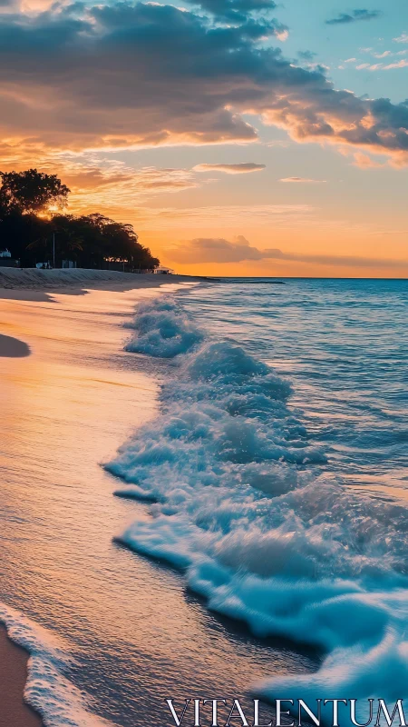 Coastal shoreline with waves under layered sunset sky.