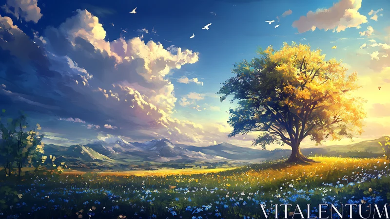 Sunlit meadow tree holding court beneath soaring clouds.