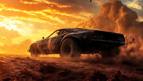 Muscle car drifts through burning desert dust at sunset