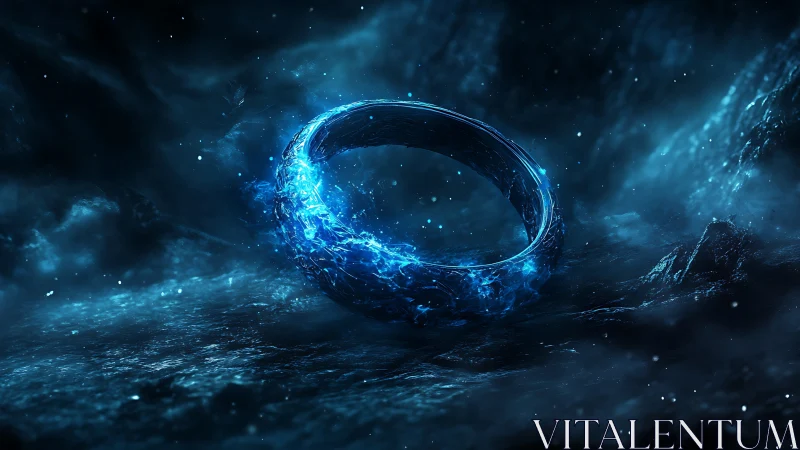 Glowing blue energy ring hovers in a dark cosmic storm