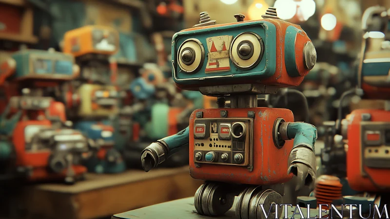 Retro-styled service robot in densely populated workshop scene.