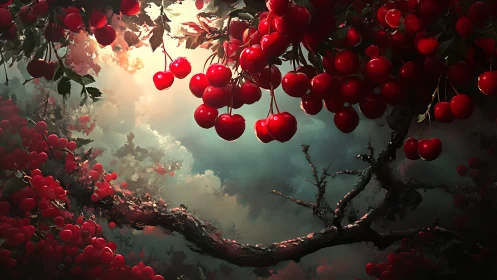 Sunlit cherry canopy over a dreamy painted sky.