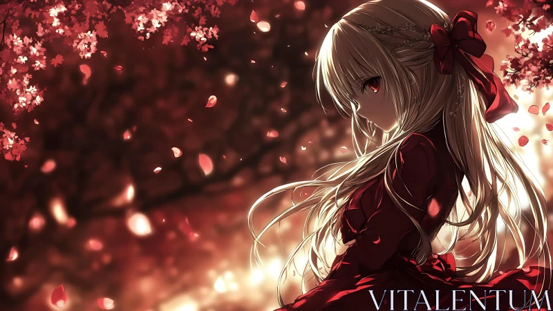 Scarlet-lit anime girl gazes back amid drifting petals.