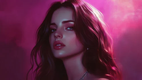 Moody digital portrait of woman in pink studio light.