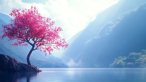 Radiant magenta tree on lacustrine cliff in volumetric haze.