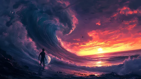 Surfer confronting towering sunset wave in glowing seascape.