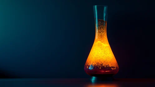 Backlit glass carafe with glowing orange liquid suspension
