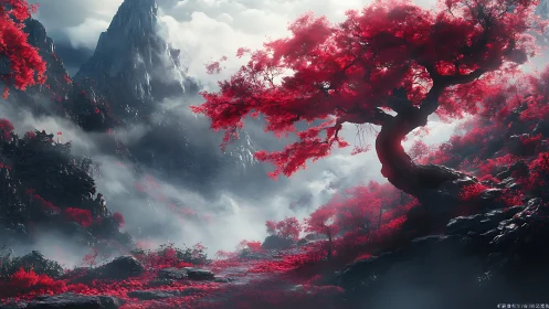 Curved red tree dominates misty mountainous valley scene