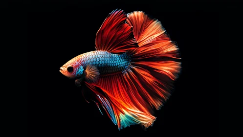 Radiant betta fish in dramatic black negative space study.
