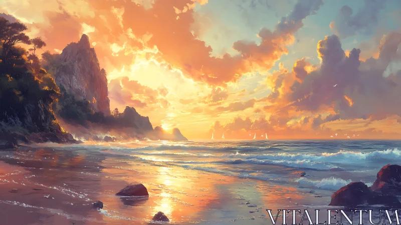 Rocky shoreline under vivid sunset sky with distant sails.