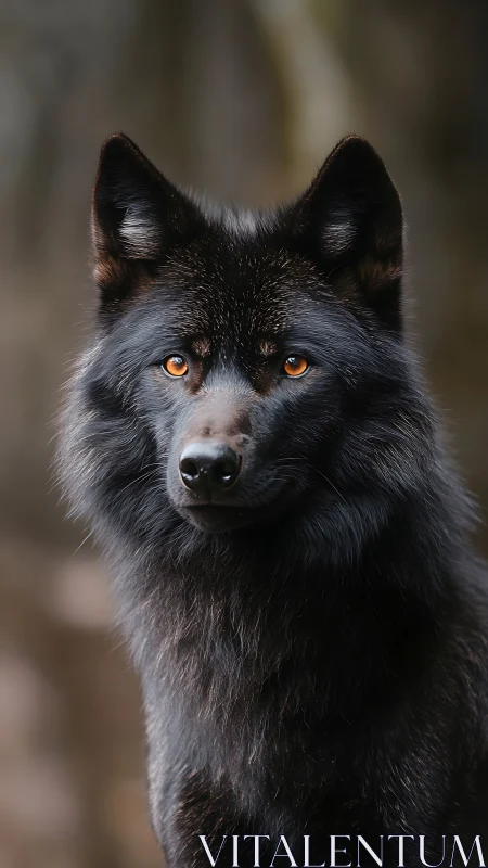 Black wolf portrait with amber eyes against soft blur.