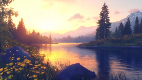 Sunlit alpine lake renders atmospheric depth and warm haze