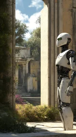 Gentle robot wandering through sunlit overgrown ruins.