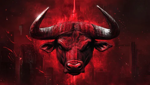 Red bull head dominates dark city skyline in stylized art