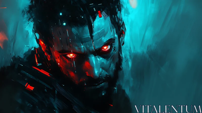 Cybernetic man with glowing red eyes in teal shadows.