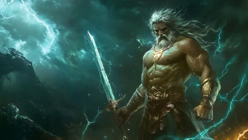 Mythic armored figure stands amid storm-lit seascape