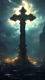 Burning ruins surrounding illuminated gothic stone cross.