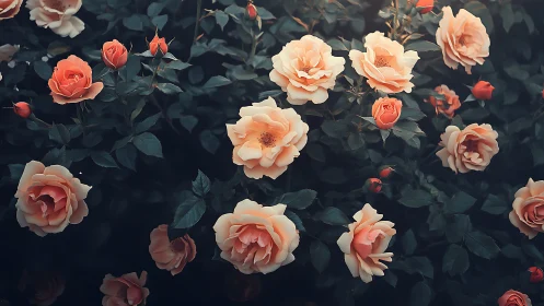 Coral and peach garden roses among dark foliage.