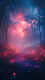 Bioluminescent forest stream glows beneath magenta nebula sky