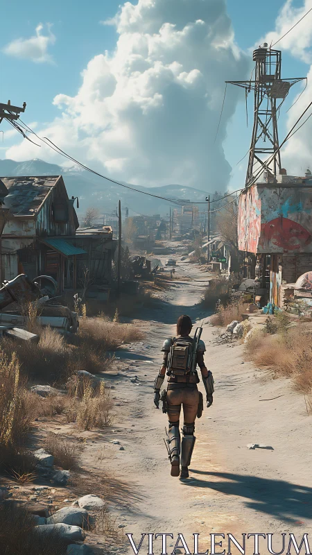 Lone armored wanderer crossing sunlit post‑war shantytown.