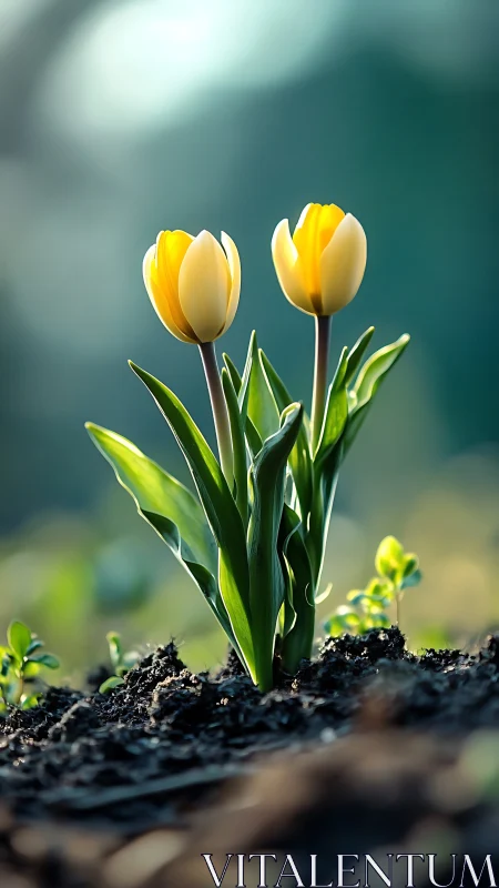 Yellow tulip pair rises fresh from rich garden soil