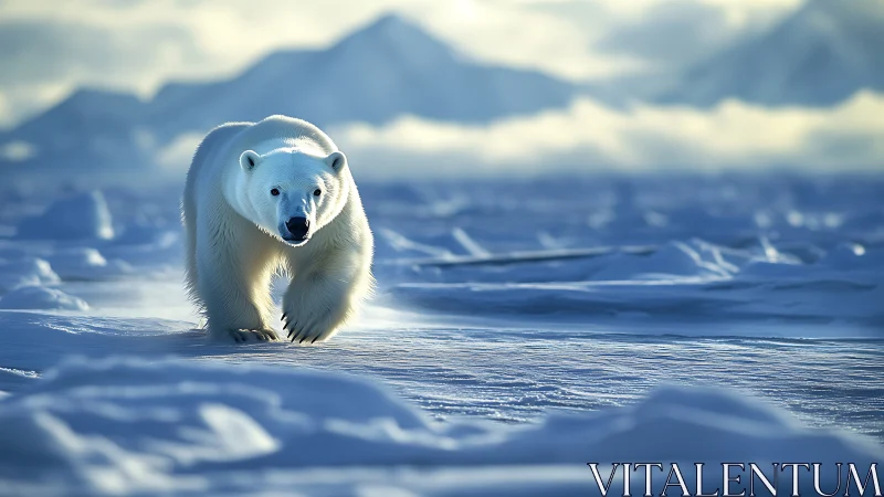 Polar bear strides across blue Arctic sea ice at sunrise