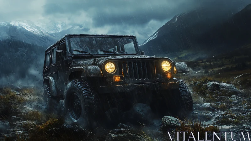 Cinematic off road SUV in stormy alpine terrain at dusk.