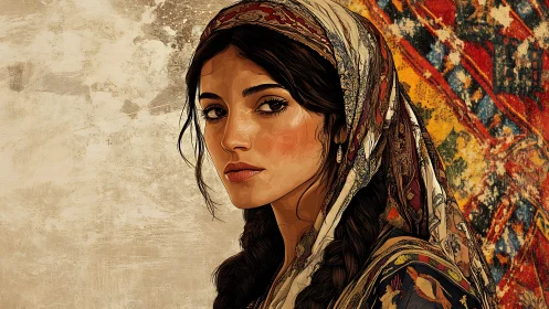 Digital portrait of woman in patterned headscarf against tapestry.