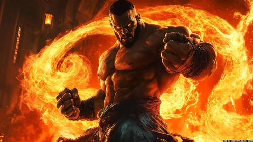 Flaming warrior channels swirling fire in battle stance.