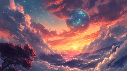 Distant planet over turbulent ocean at sunset horizon.