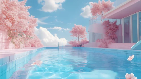 Cotton candy villa pool drifting under sherbet skies.