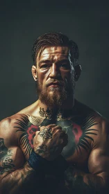 Tattooed fighter holds clenched fist under dramatic light