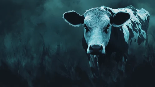 Moonlit cow steps forward through misty blue night meadow