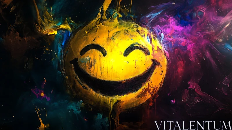 Impasto smiley sphere emerges from high-saturation nebular paint