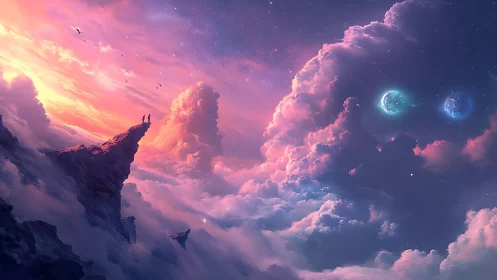 Dreamy cliffside sky invites stargazers above soft clouds