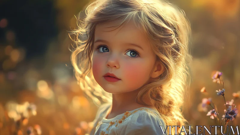 Young Girl with Golden Hair in Sunlit Field Setting