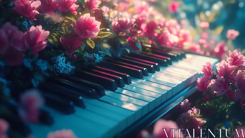 Piano keyboard integrated with dense pink florals in soft bokeh light