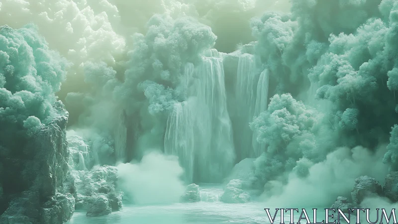 Dreamlike mint waterfall among dense cloudlike trees.