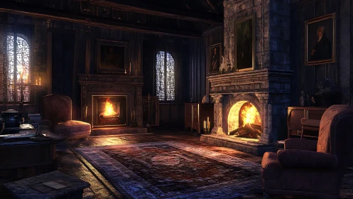 Victorian great hall interior with dual stone fireplaces lit warmly