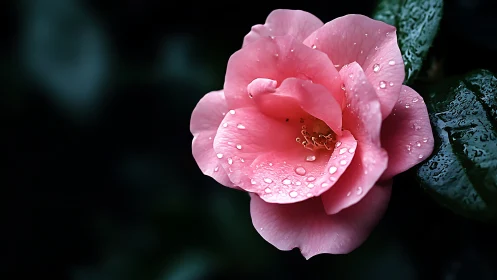 Pink Camellia Blooming with Morning Dewdrops.