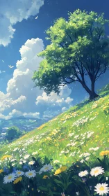 Sunny hillside meadow with wildflowers and single tree.