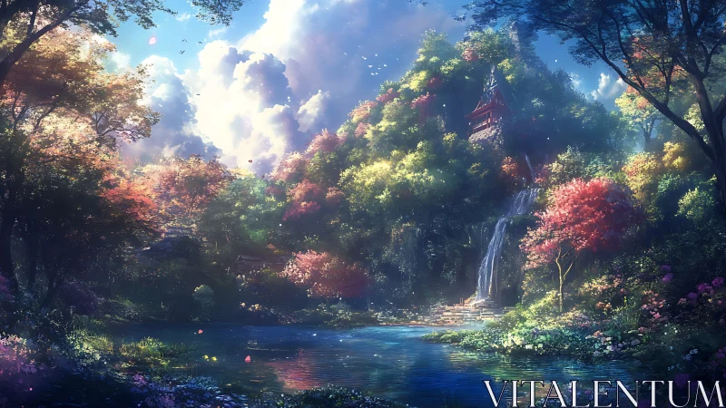 Sunlit forest shrine overlooks cascading waterfall and pond